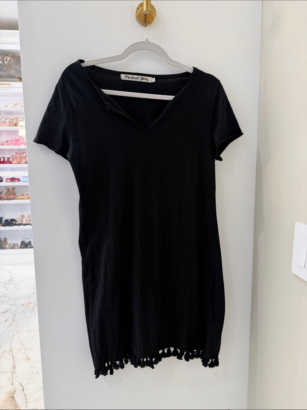Michael Stars Black V-Neck Short Sleeve Dress with Tassel Hem